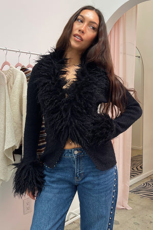 Old Hollywood Black Fur Trim Cardigan