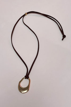 Gold Irregular Oval with Brown Cord Necklace