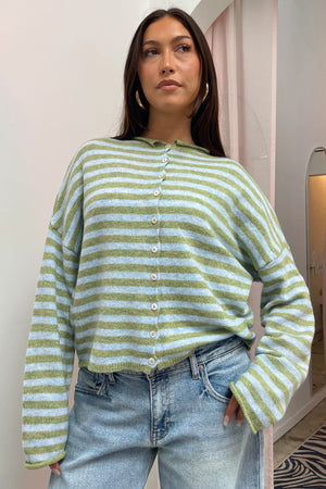 Blythe Green and Light Blue Stripe Button Up Cardigan