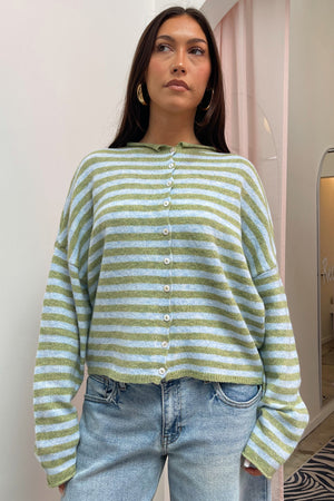 Blythe Green and Light Blue Stripe Button Up Cardigan