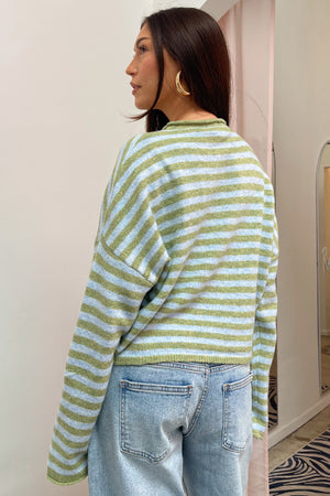 Blythe Green and Light Blue Stripe Button Up Cardigan