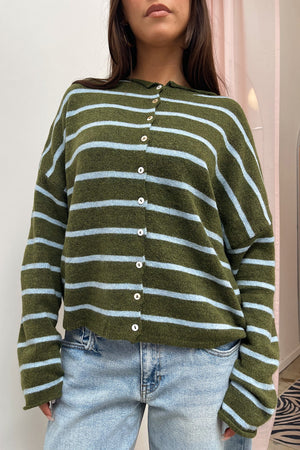 Blythe Dark Green with Light Blue Stripe Button Up Cardigan