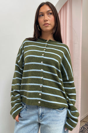 Blythe Dark Green with Light Blue Stripe Button Up Cardigan