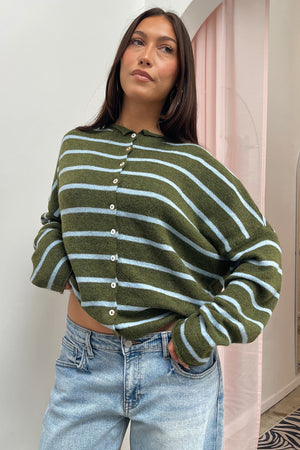 Blythe Dark Green with Light Blue Stripe Button Up Cardigan