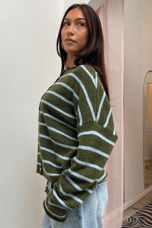 Blythe Dark Green with Light Blue Stripe Button Up Cardigan