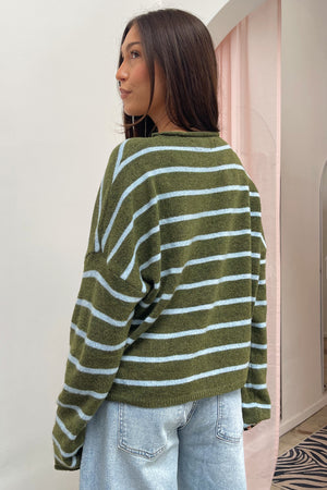 Blythe Dark Green with Light Blue Stripe Button Up Cardigan
