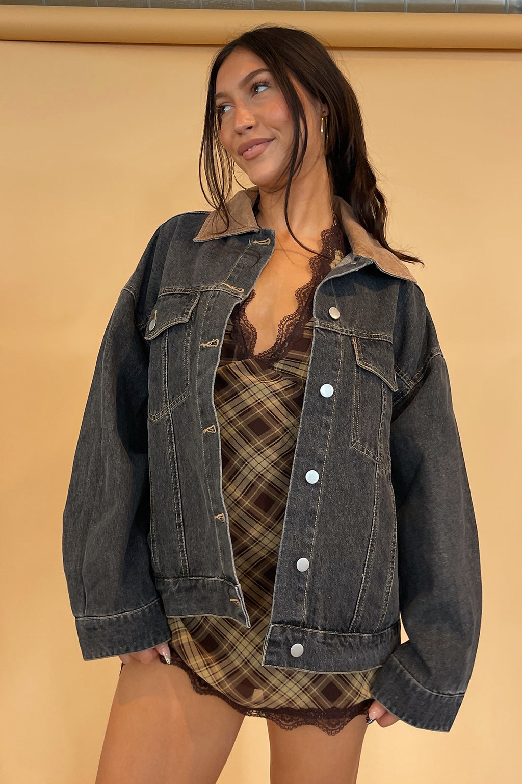 Vasha Grey Denim with Corduroy Collar Jacket
