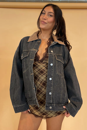 Vasha Grey Denim with Corduroy Collar Jacket