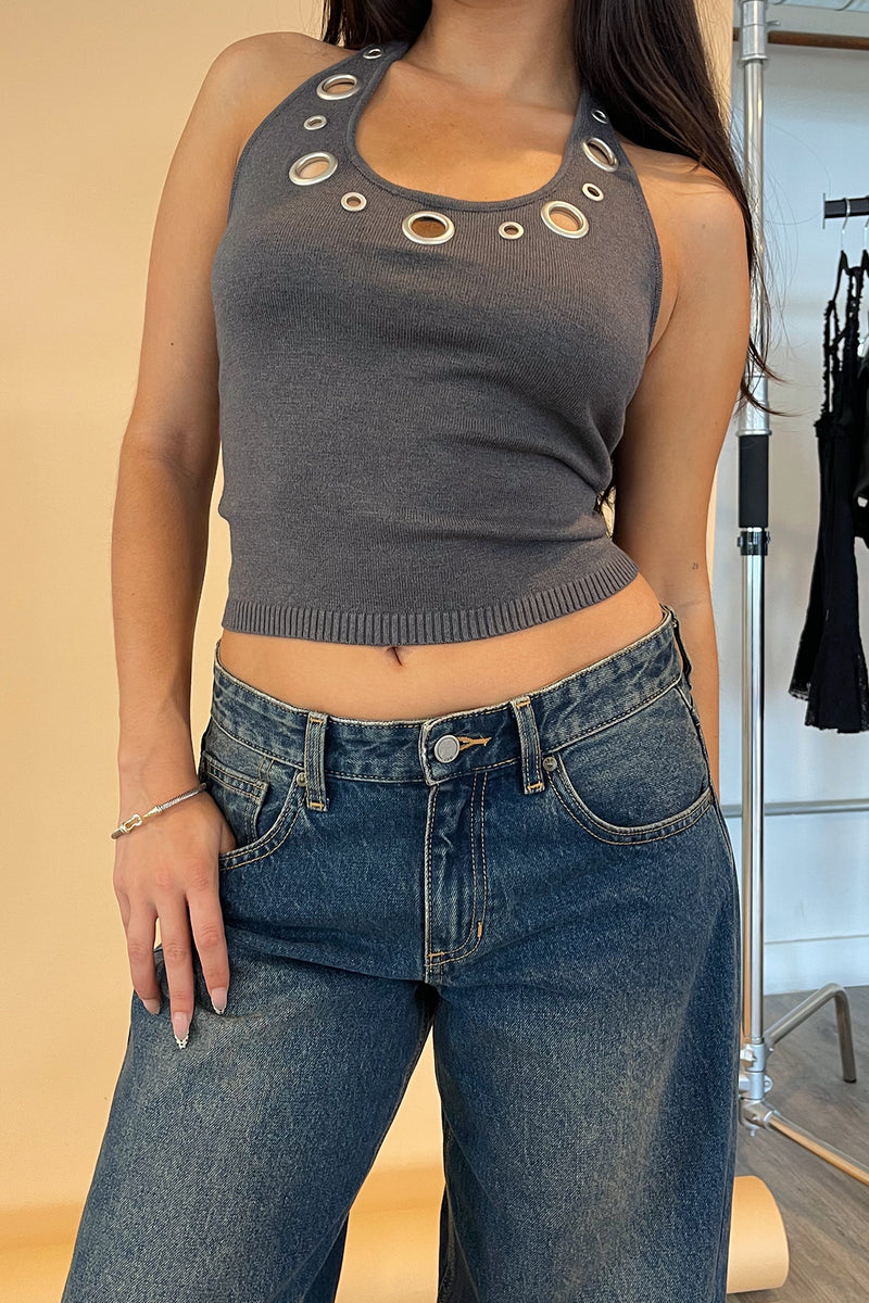 Deja Vu Grey Grommet Knit Halter Top