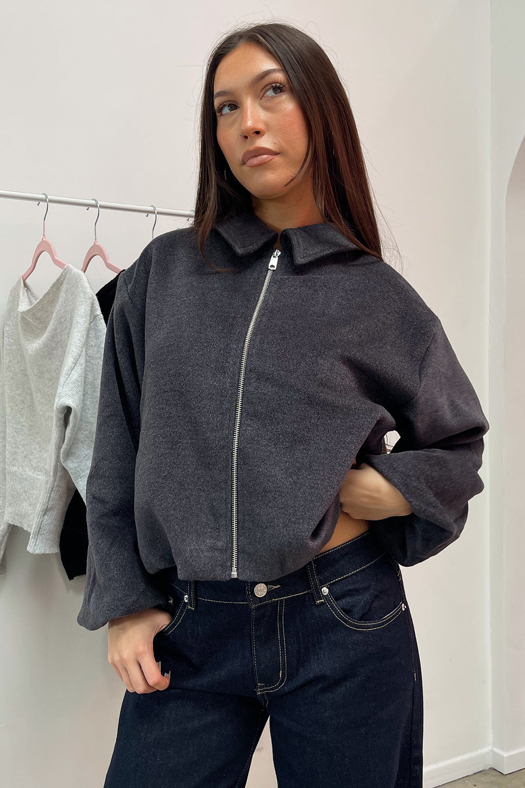 Final Edit Grey Collared Zip Up Jacket