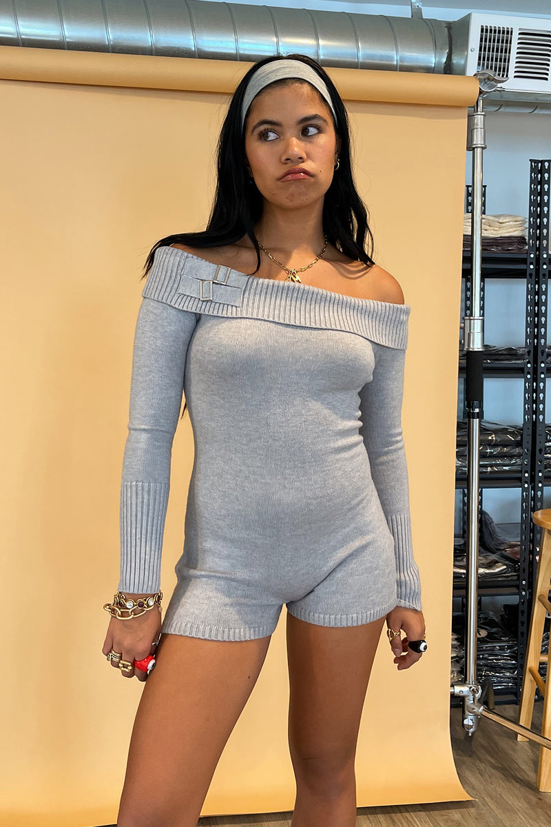Double Take Light Grey Knit Off the Shoulder Long Sleeve Romper