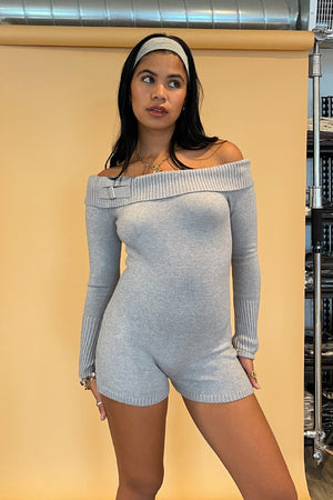 Double Take Light Grey Knit Off the Shoulder Long Sleeve Romper