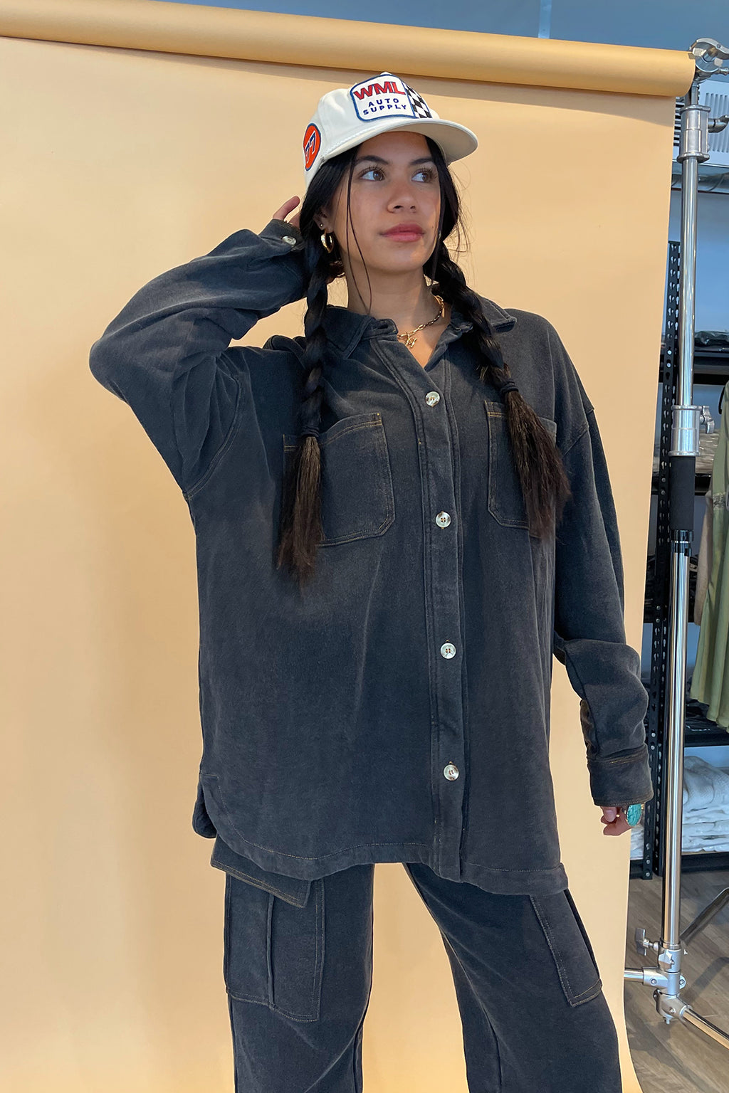 Staying Busy Vintage Black Button Up Shacket