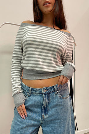 Lane White and Grey Stripe Off the Shoulder Long Sleeve Top