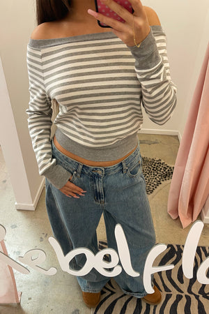 Lane White and Grey Stripe Off the Shoulder Long Sleeve Top