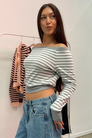 Lane White and Grey Stripe Off the Shoulder Long Sleeve Top