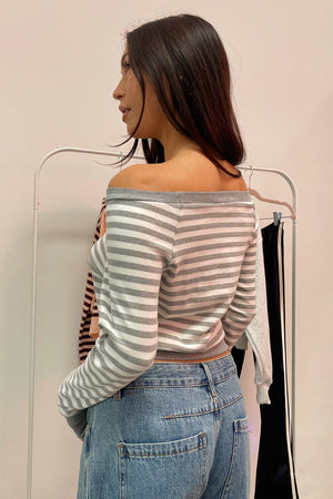 Lane White and Grey Stripe Off the Shoulder Long Sleeve Top