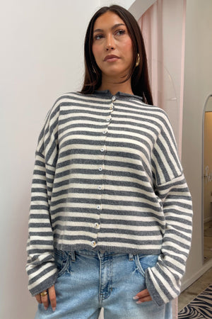 Blythe Grey and Cream Stripe Button Up Cardigan