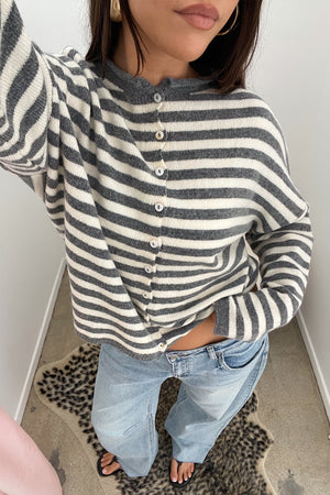 Blythe Grey and Cream Stripe Button Up Cardigan