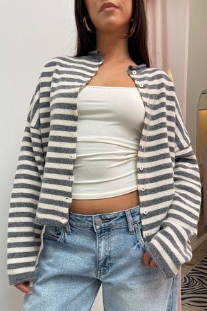 Blythe Grey and Cream Stripe Button Up Cardigan