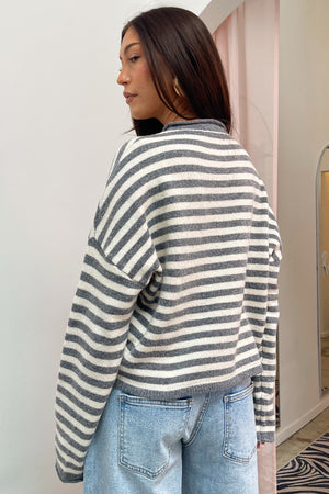 Blythe Grey and Cream Stripe Button Up Cardigan