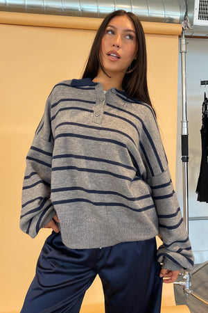 Jensen Heather Grey with Navy Stripe Collared Knit Sweater
