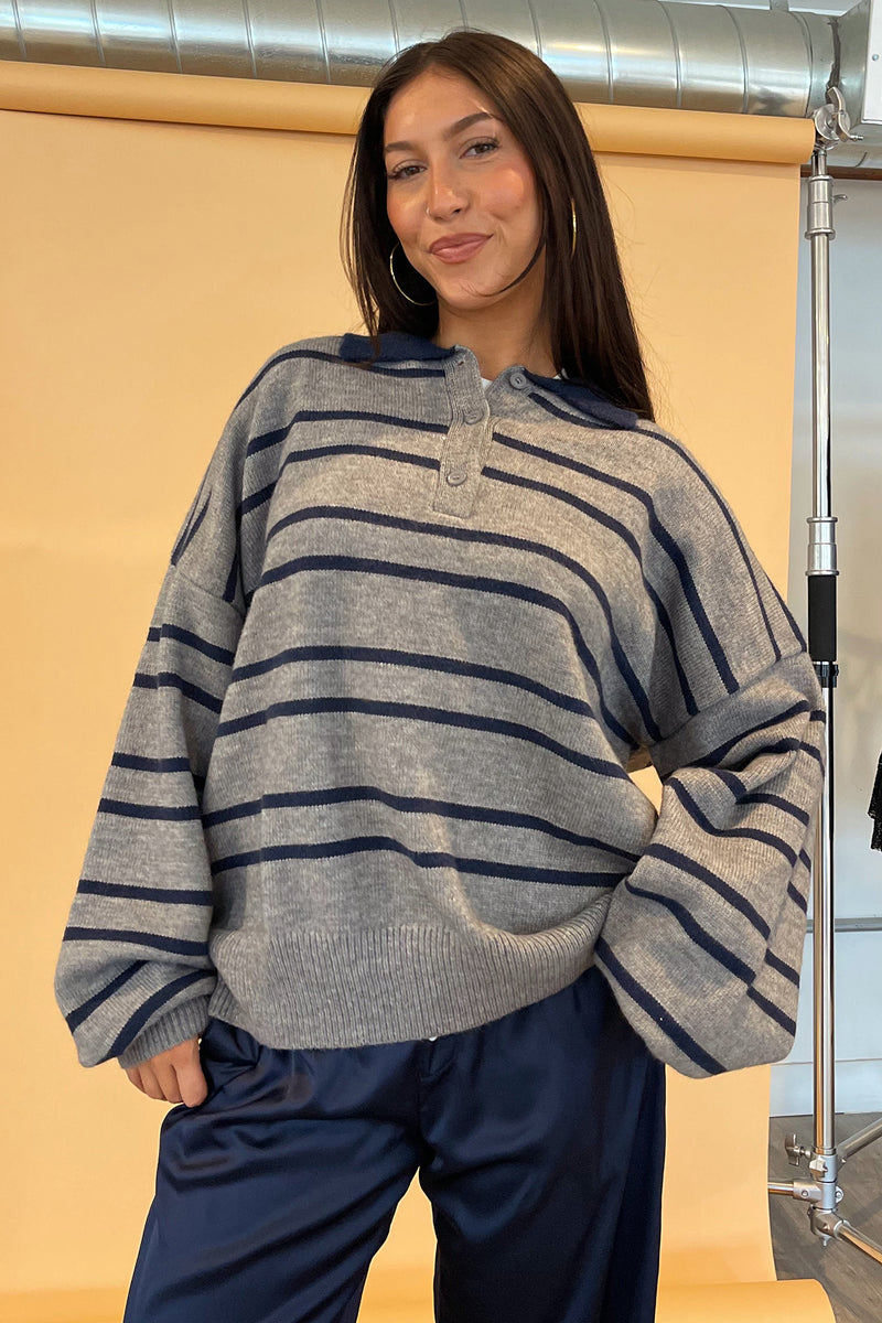 Jensen Heather Grey with Navy Stripe Collared Knit Sweater
