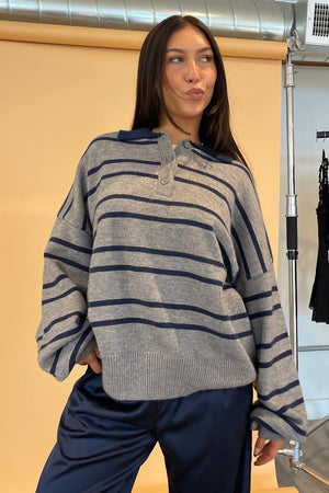 Jensen Heather Grey with Navy Stripe Collared Knit Sweater