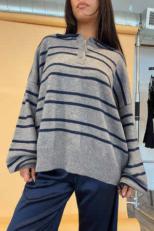 Jensen Heather Grey with Navy Stripe Collared Knit Sweater