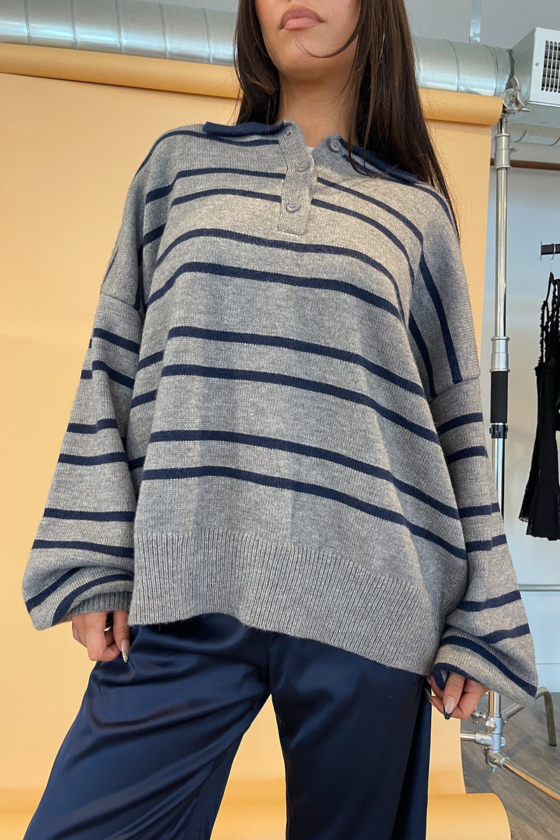 Jensen Heather Grey with Navy Stripe Collared Knit Sweater