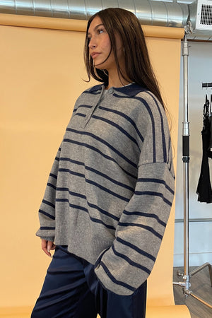 Jensen Heather Grey with Navy Stripe Collared Knit Sweater