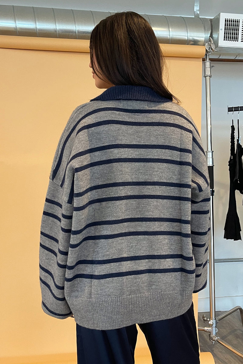 Jensen Heather Grey with Navy Stripe Collared Knit Sweater