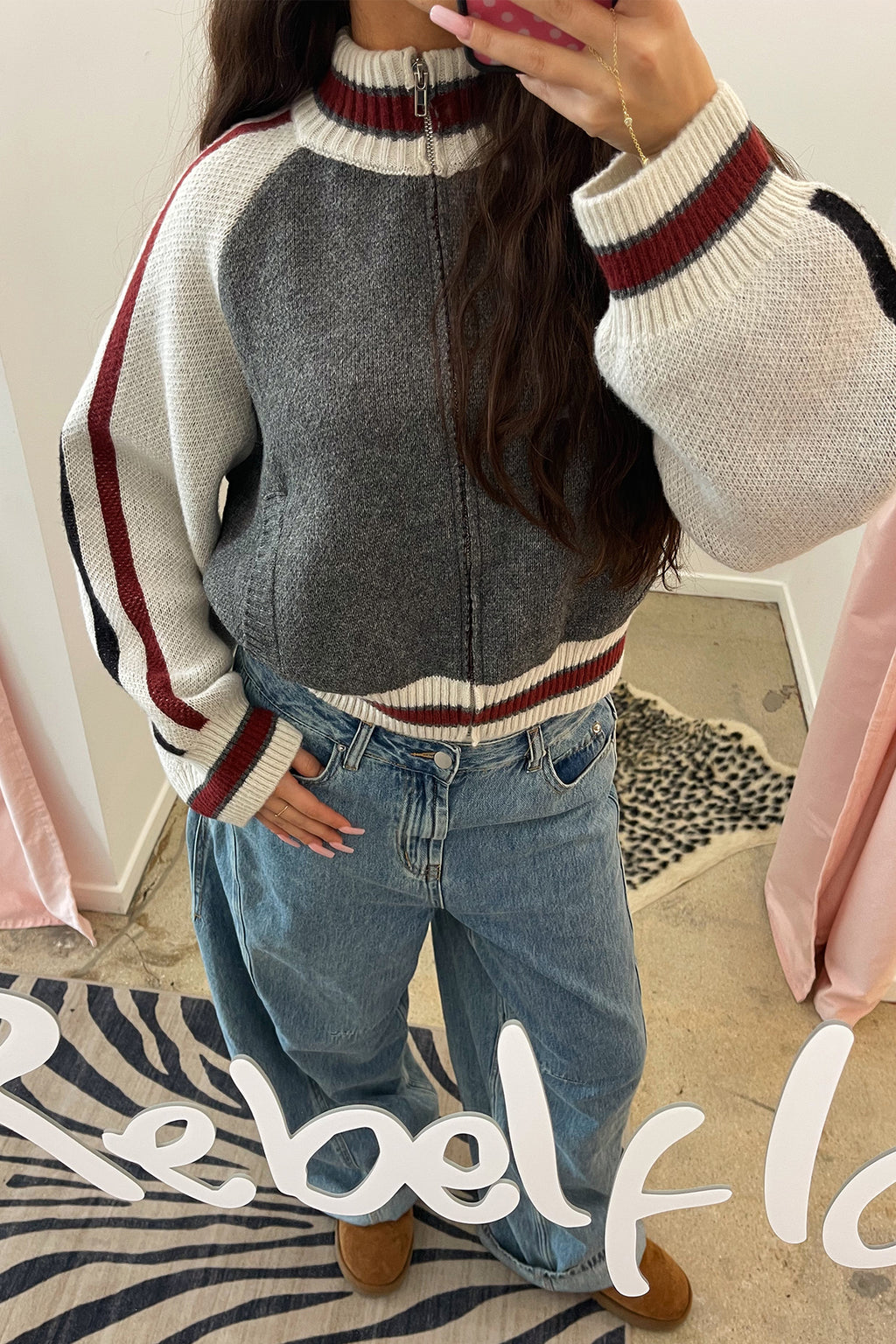 85 Grey with Stripe Detail Zip Up Cardigan