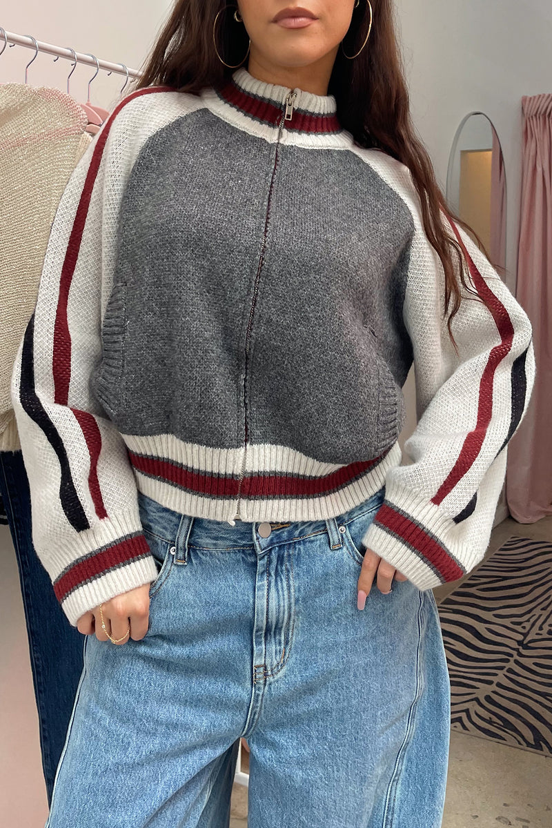 85 Grey with Stripe Detail Zip Up Cardigan