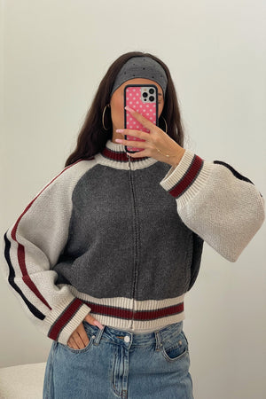 85 Grey with Stripe Detail Zip Up Cardigan