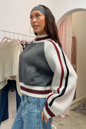 85 Grey with Stripe Detail Zip Up Cardigan