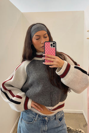 85 Grey with Stripe Detail Zip Up Cardigan