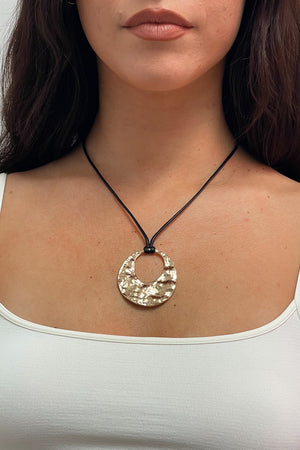 Hammered Gold Pendant with Black Cord Necklace