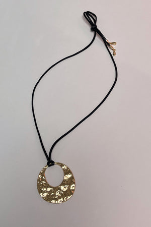 Hammered Gold Pendant with Black Cord Necklace