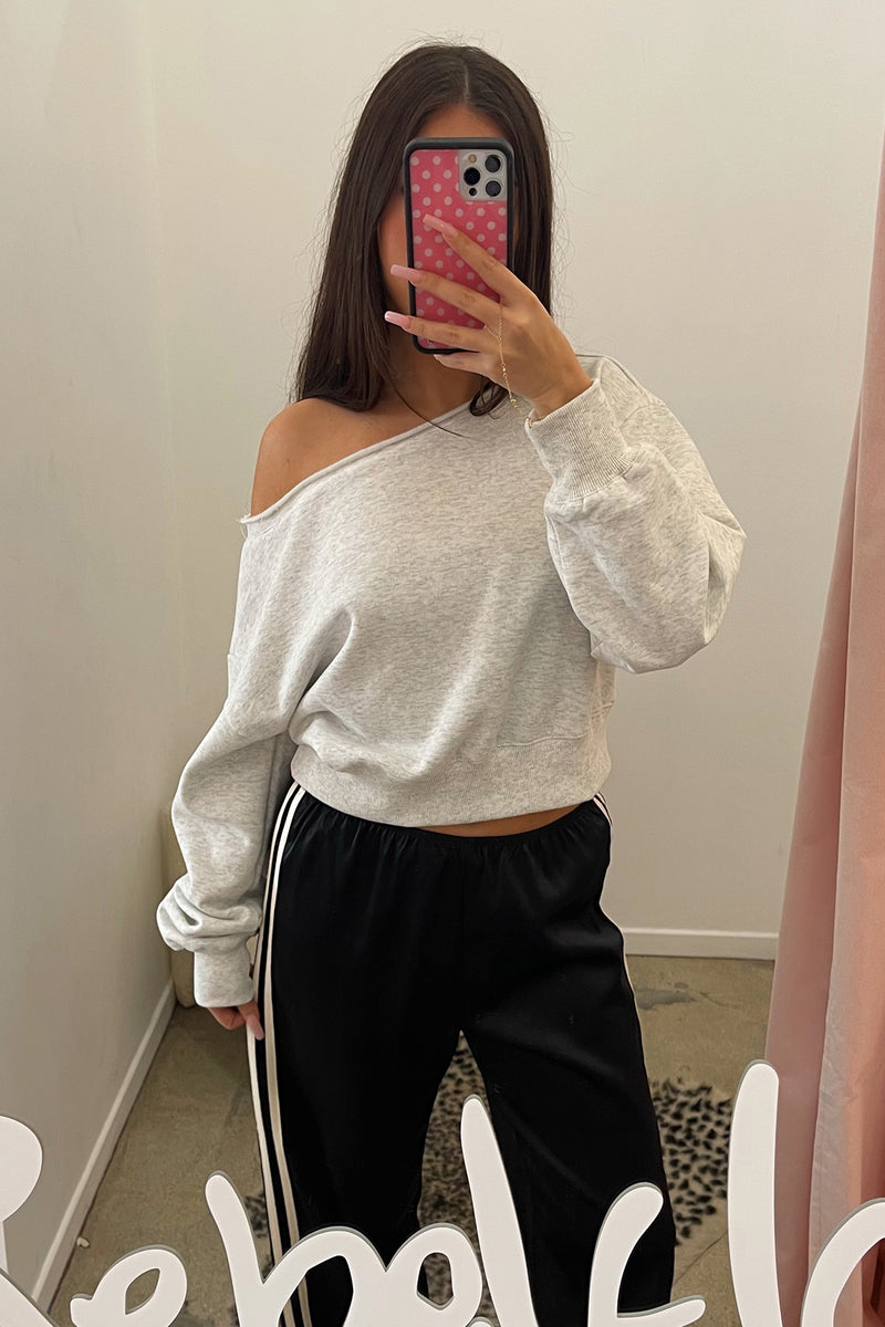 Off the Hook Heather Grey Off the Shoulder Sweatshirt