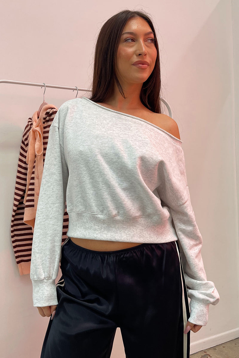 Off the Hook Heather Grey Off the Shoulder Sweatshirt