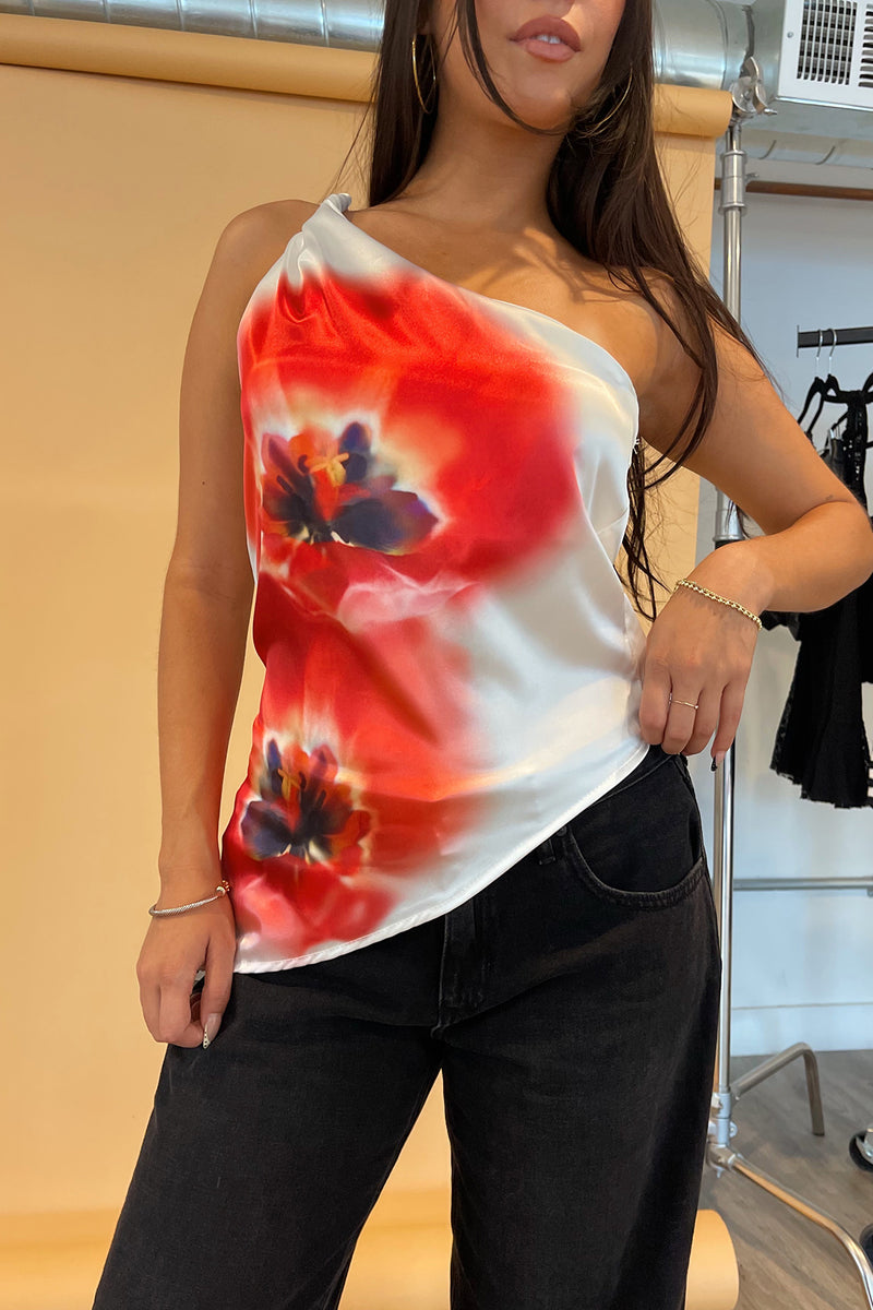 White with Red Hibiscus Asymmetrical Top