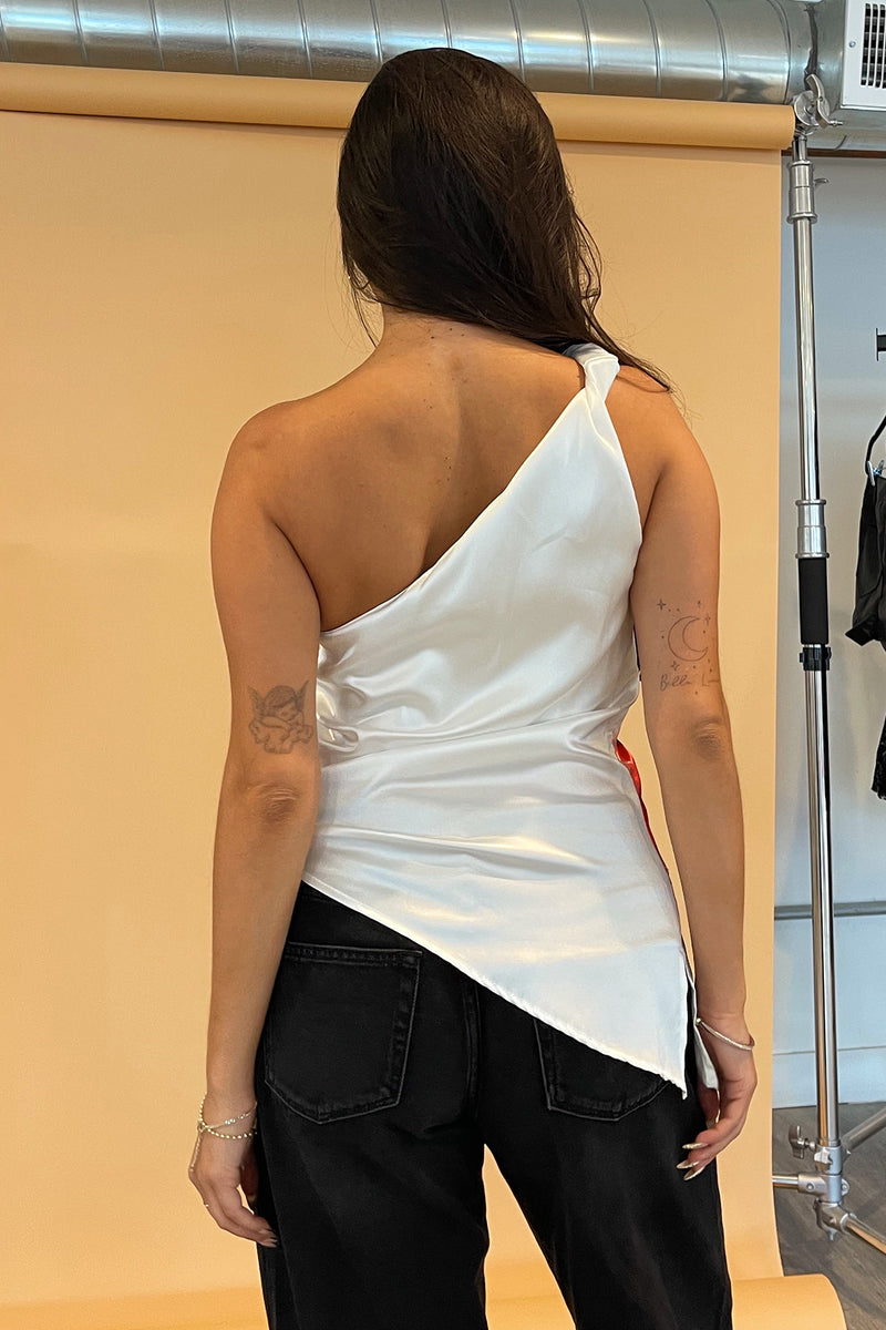 White with Red Hibiscus Asymmetrical Top