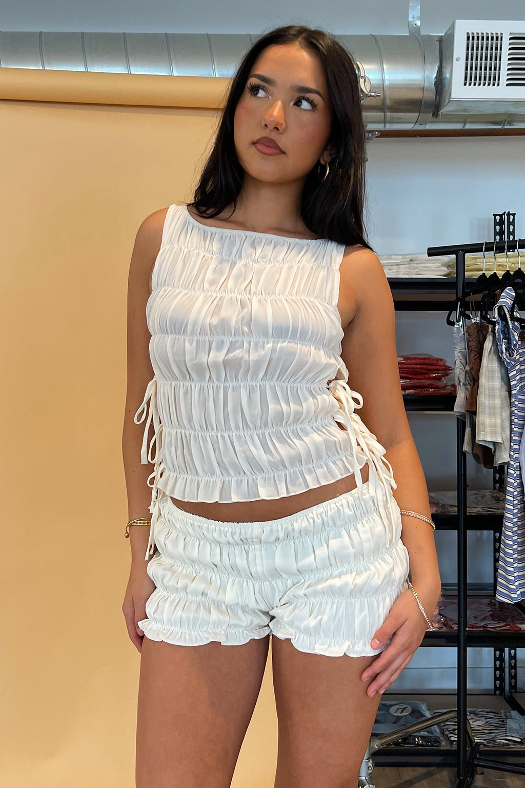Out and About Ivory Smocked Side Tie Tank Top