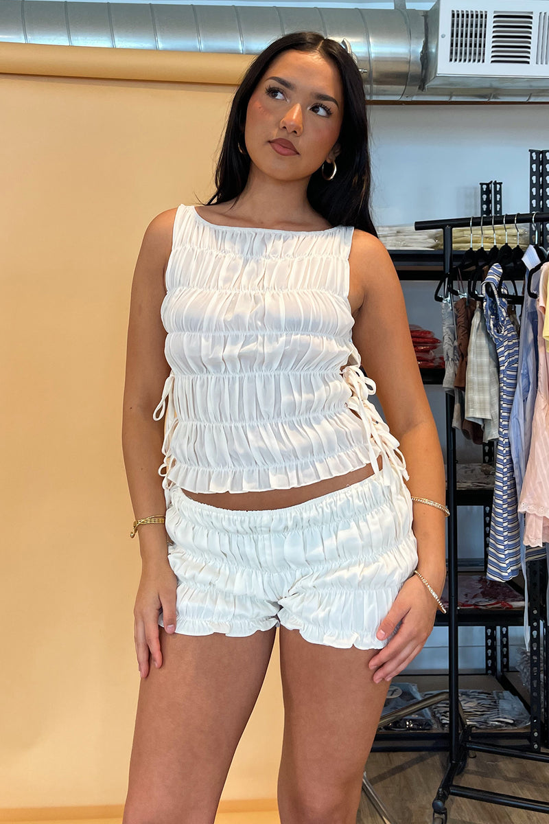 Out and About Ivory Smocked Side Tie Tank Top