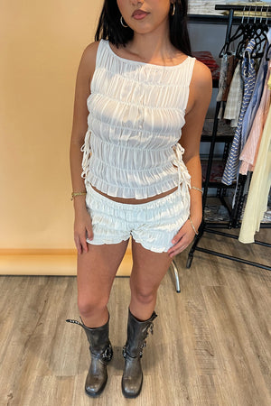 Out and About Ivory Smocked Side Tie Tank Top