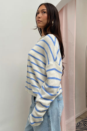 Blythe Ivory with Light Blue Stripe Button Up Cardigan