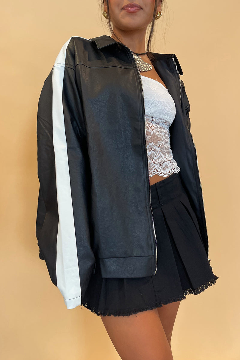 Bella Black with White Stripe Faux Leather Bomber Jacket