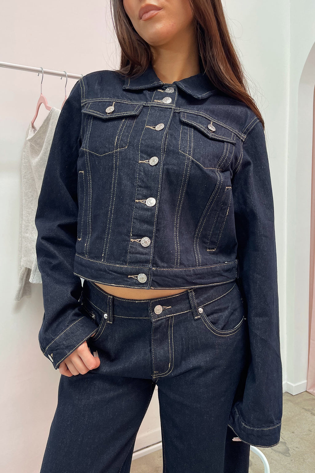 Casting Call Dark Denim Fitted Jean Jacket