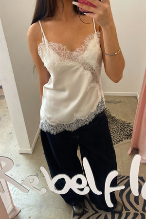 Talia Off White with Lace Trim Asymmetrical Hem Tank Top